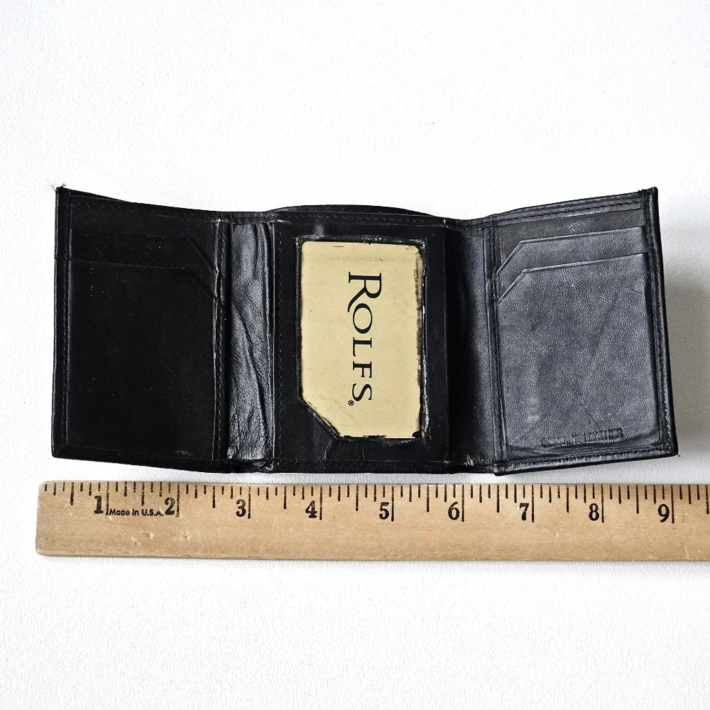 Vintage 80s Rolfs Soft Genuine Leather Black Trifold Wallet Men’s ID Window